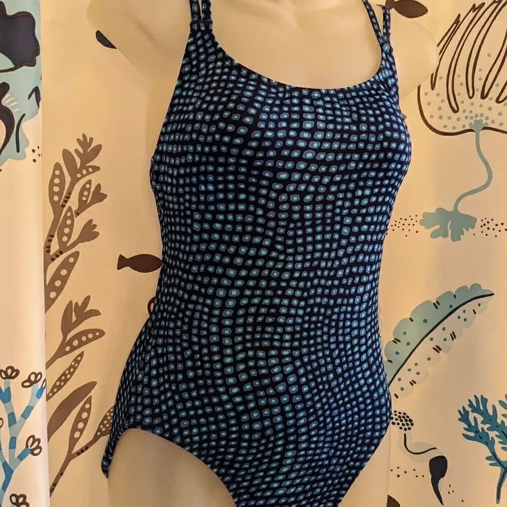 Jantzen Strappy Navy Blue One Piece Swimsuit with Teal Dots Size 10